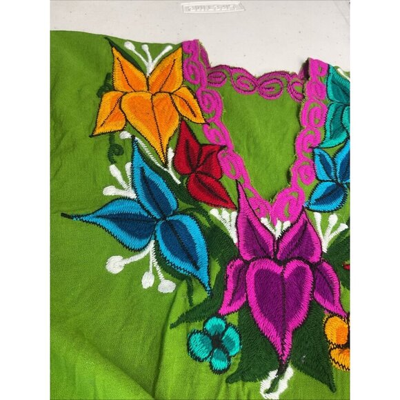 Mexican Blouse Womens Med Green Floral Hand Embroidery Artesian‎ Boho Peasant - Picture 6 of 7